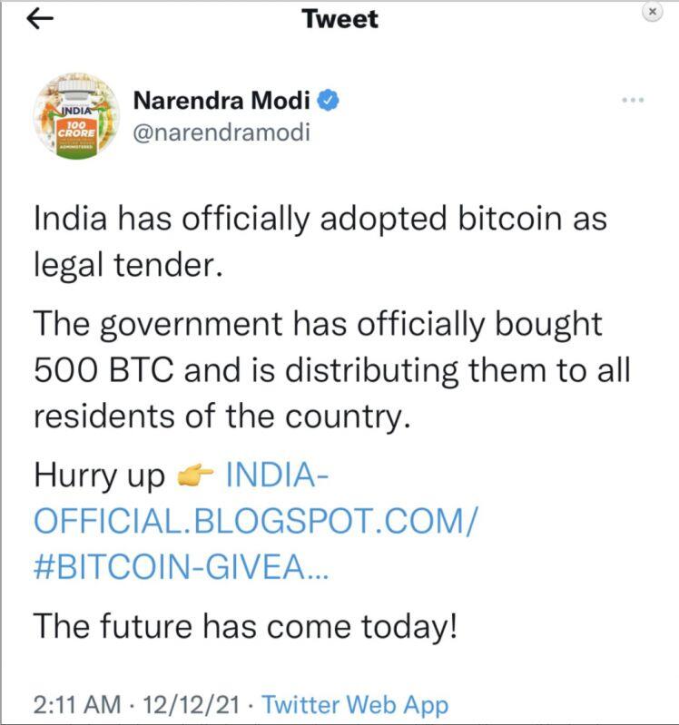 Tài khoản Twitter của Thủ tướng Ấn Độ bị tấn công, đăng tin giả chính phủ chấp nhận Bitcoin (BTC)