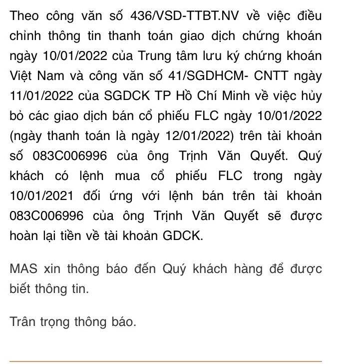 Nhà đầu tư mua 74,8 triệu cổ phiếu từ tỷ phú Trịnh Văn Quyết chính thức được huỷ lệnh, hoàn tiền trong ngày 12/1