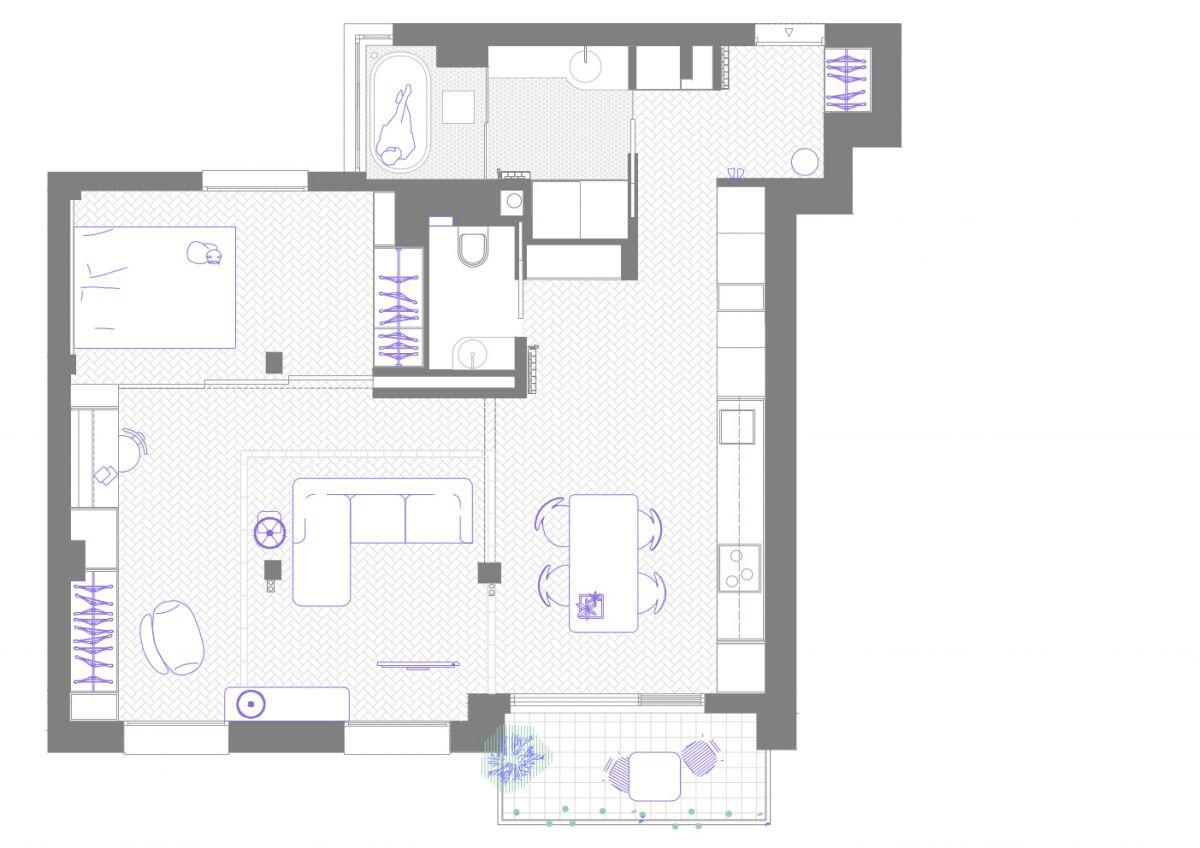 Thiết kế không gian tiện nghi trong căn hộ một phòng ngủ 75 m2