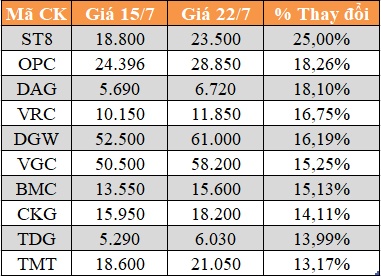 10 cổ phiếu tăng/giảm mạnh nhất tuần: Có mã lên 69%