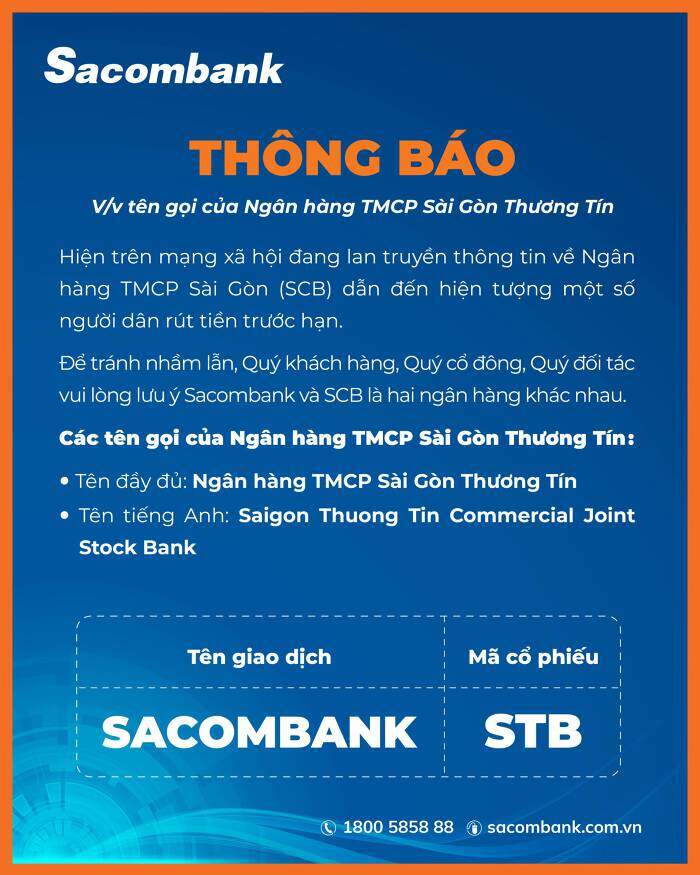 Sacombank lên tiếng vì bị nhầm lẫn với SCB