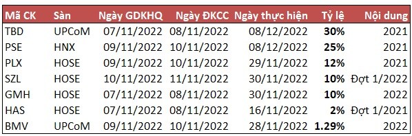 Tuần 07-11/11: Cổ tức tiền mặt cao nhất 30%