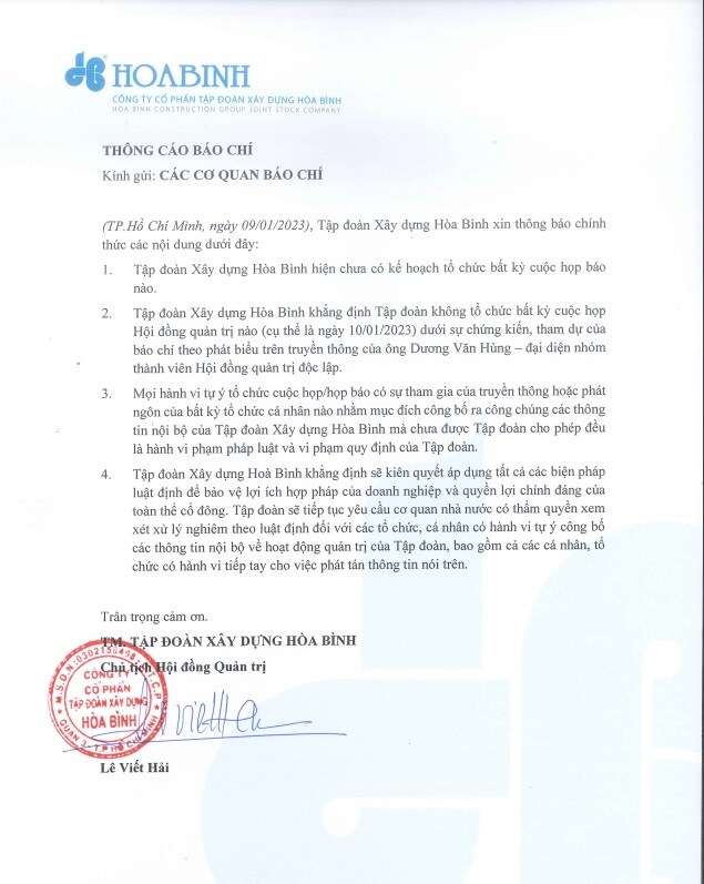 Hòa Bình (HBC) không tổ chức họp HĐQT ngày 10/1/2023