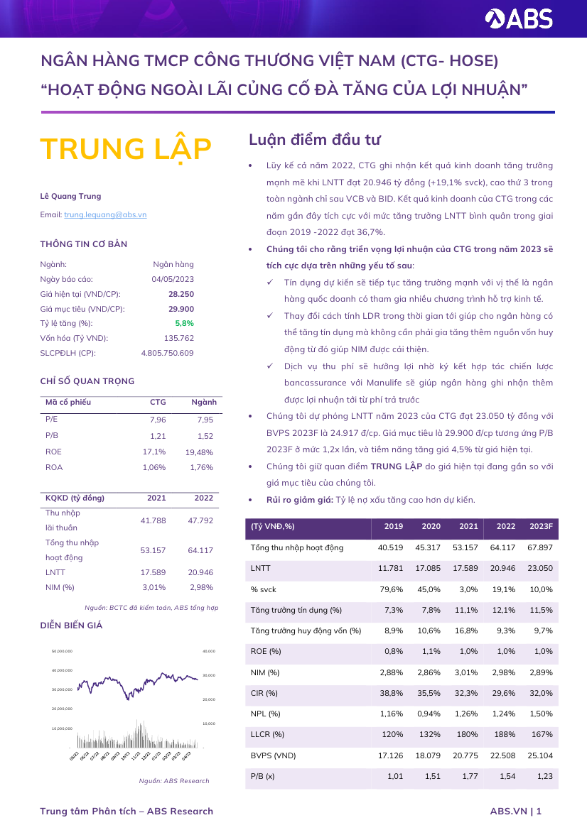CTG: Khuyến nghị TRUNG LẬP với giá mục tiêu 29,900 đồng/cổ phiếu