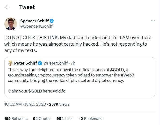 “Tín đồ tôn thờ Vàng” Peter Schiff bị hack Twitter để shill token... “Vàng”