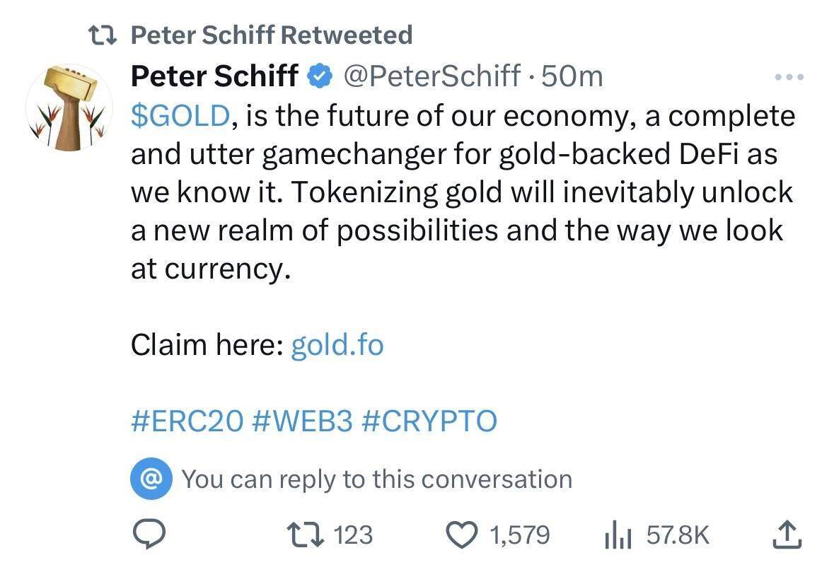 “Tín đồ tôn thờ Vàng” Peter Schiff bị hack Twitter để shill token... “Vàng”