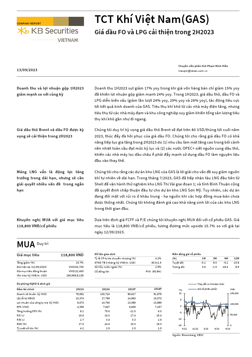 GAS: Khuyến nghị MUA với giá mục tiêu 118,800 đồng/cổ phiếu