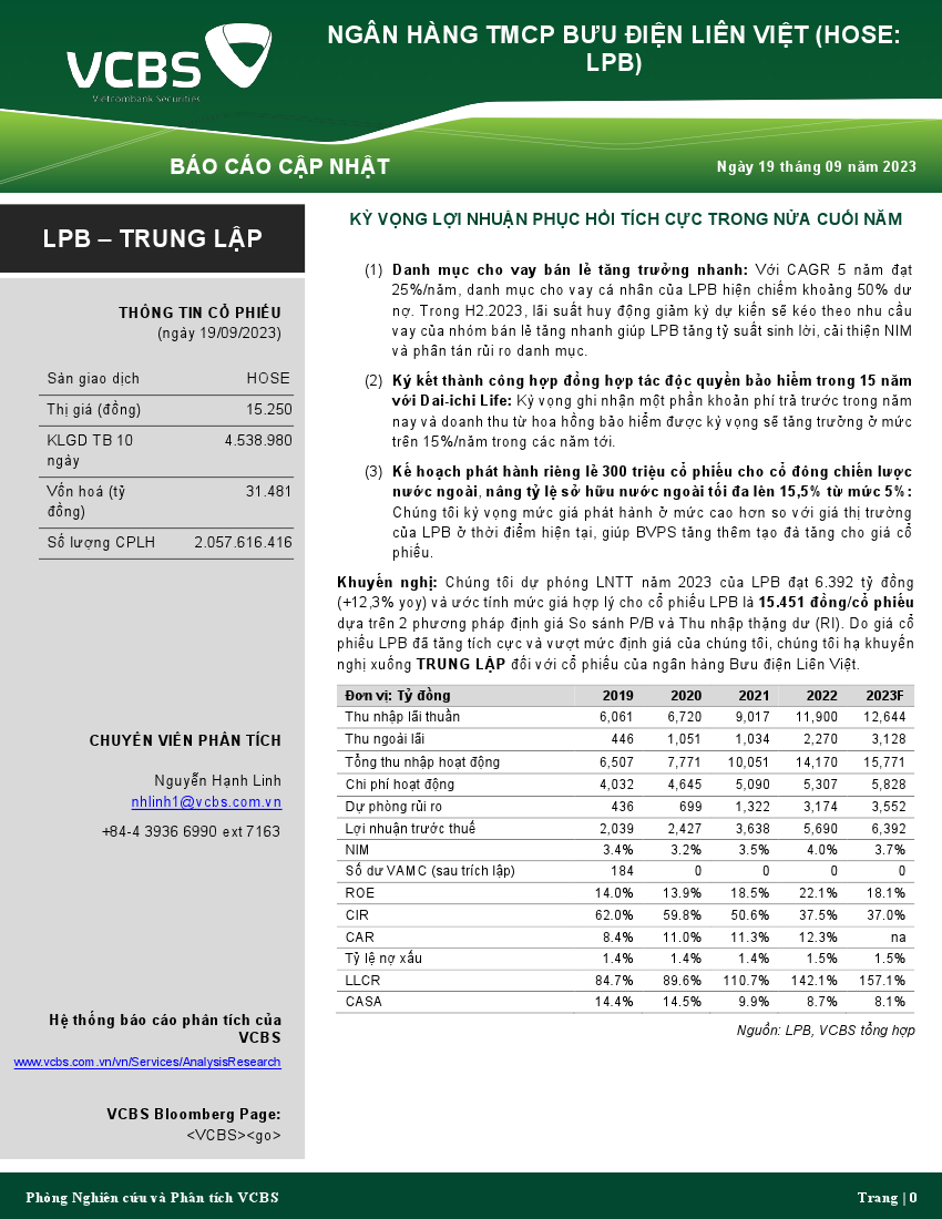 LPB: Khuyến nghị TRUNG LẬP với giá mục tiêu 15,451 đồng/cổ phiếu