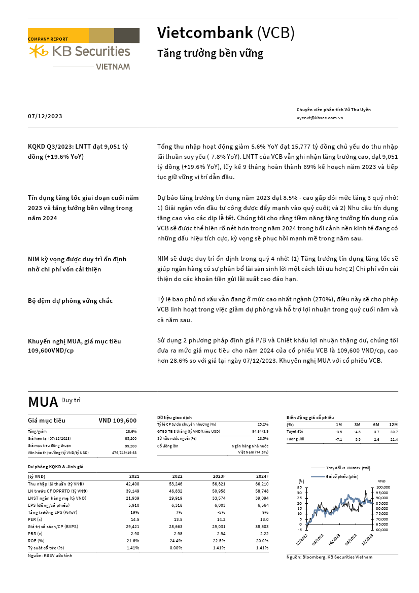 VCB: Khuyến nghị MUA với giá mục tiêu 109,600 đồng/cổ phiếu