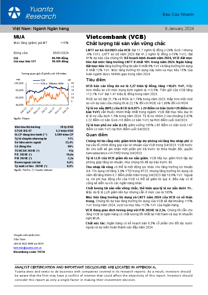 VCB: Khuyến nghị MUA với giá mục tiêu 99,420 đồng/cổ phiếu