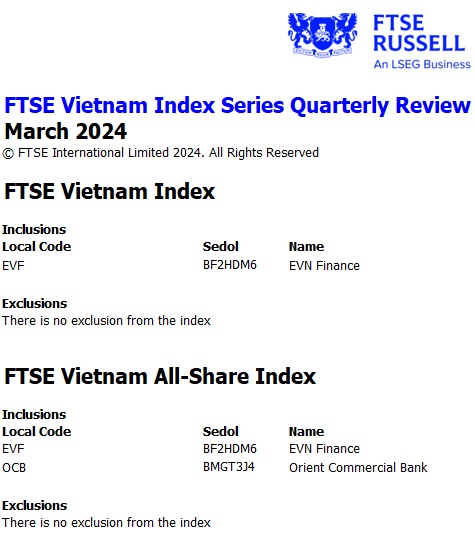 EVF tiến vào FTSE Vietnam Index