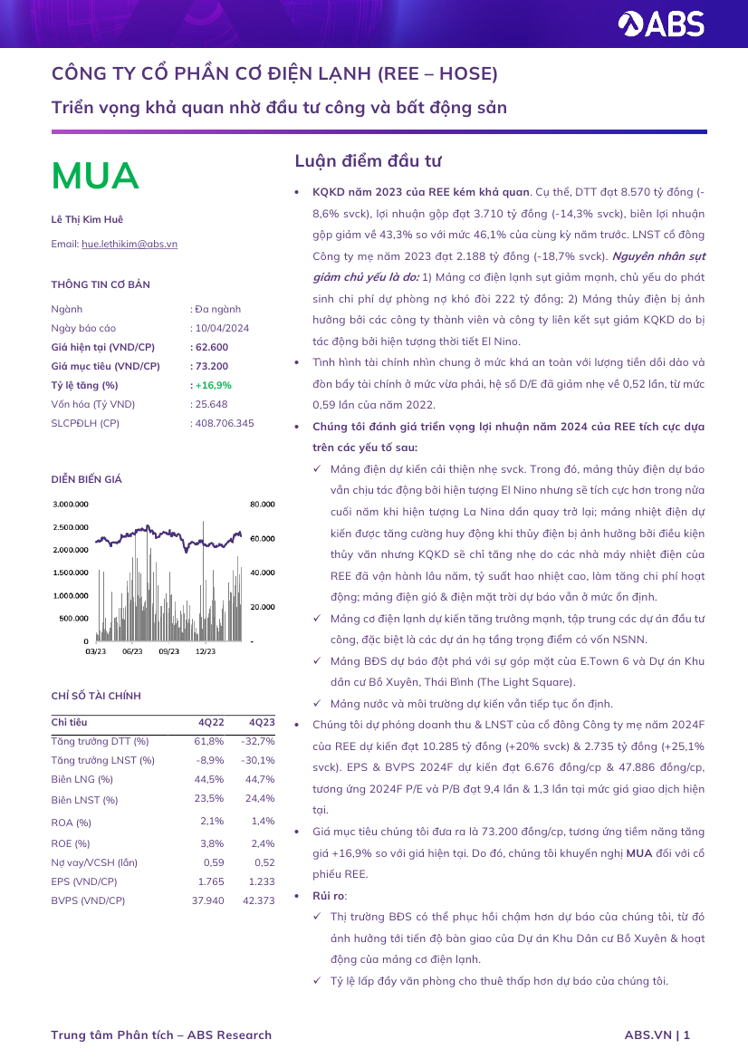 REE: Khuyến nghị MUA với giá mục tiêu 73,200 đồng/cổ phiếu
