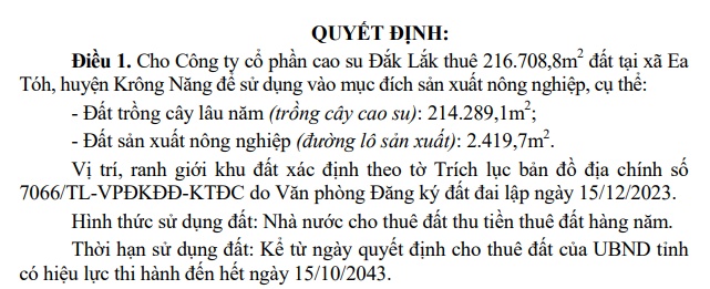 Cao su Đắk Lắk sắp thuê hơn 21.4 ha đất trồng cây cao su