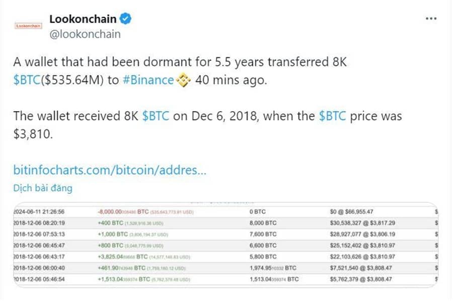 "Ngủ đông" hơn 5 năm, một ví bitcoin đột nhiên thực hiện lệnh chuyển hơn 8.000 BTC