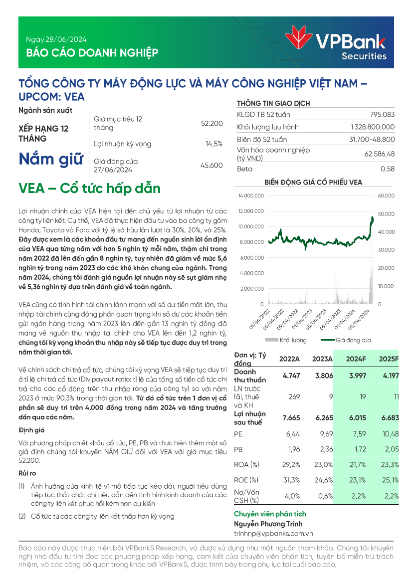 VEA: Khuyến nghị NẮM GIỮvới giá mục tiêu 52,200 đồng/cổ phiếu
