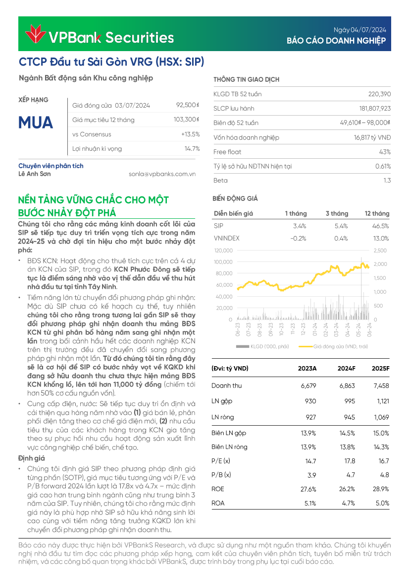SIP:  Khuyến nghị MUA với giá mục tiêu 103,300 đồng/cổ phiếu
