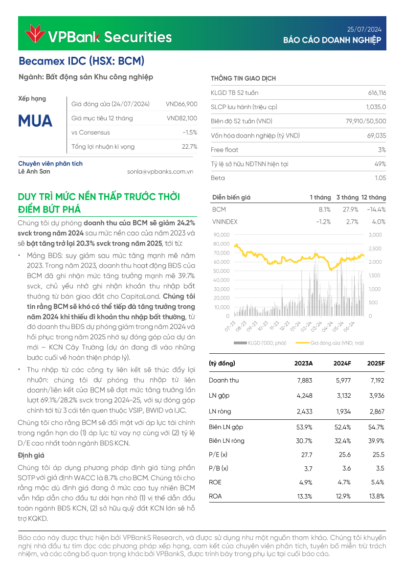 BCM: Khuyến nghị MUA với giá mục tiêu 82,100 đồng/cổ phiếu