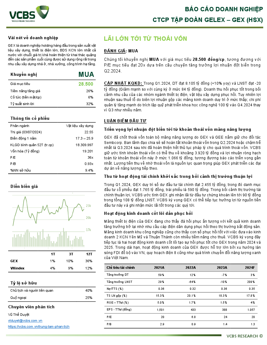 GEX: Báo cáo doanh nghiệp - Khuyến nghị MUA với giá mục tiêu 28.500 đồng/cp