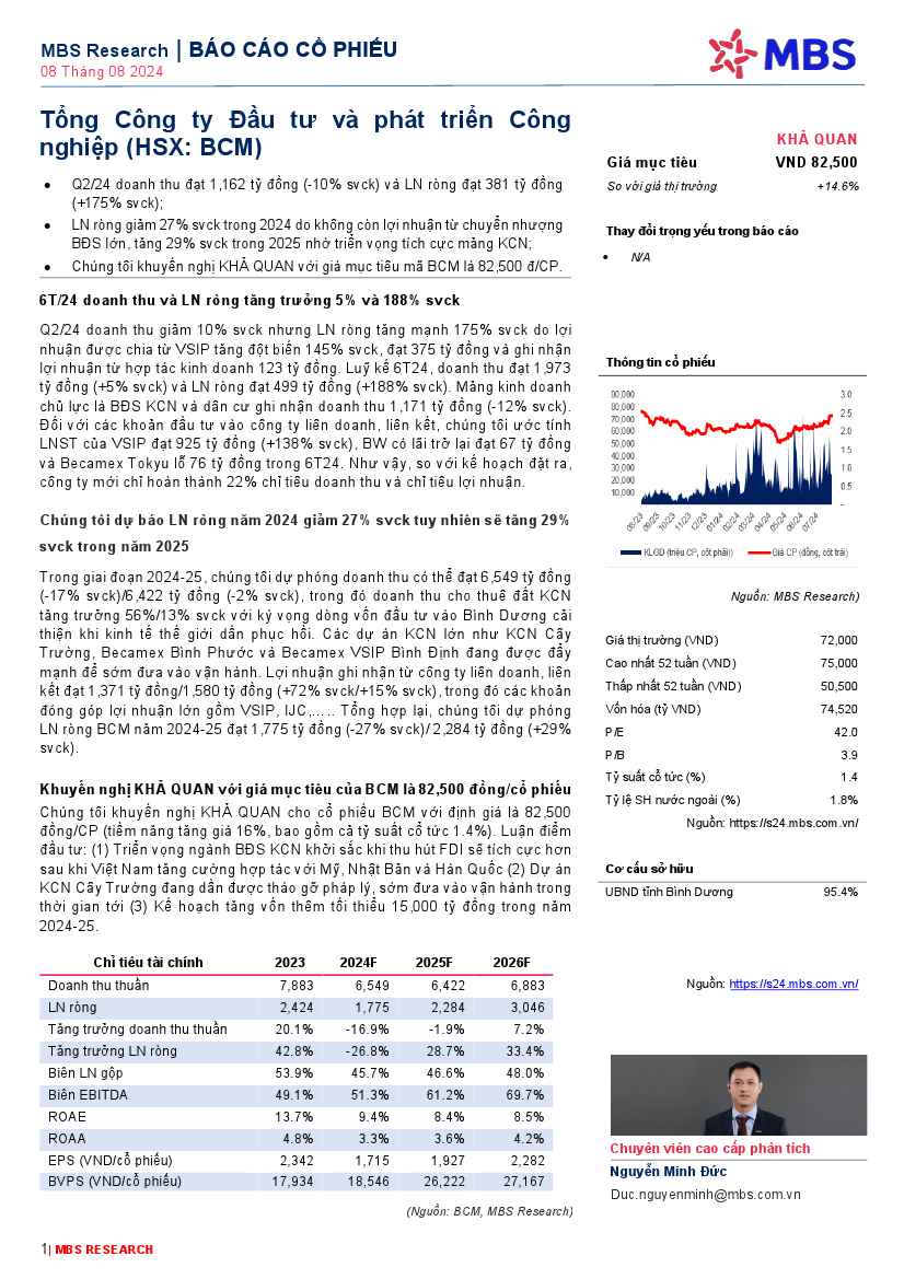 BCM: Khuyến nghị KHẢ QUAN với giá mục tiêu  82,500 đồng/cổ phiếu