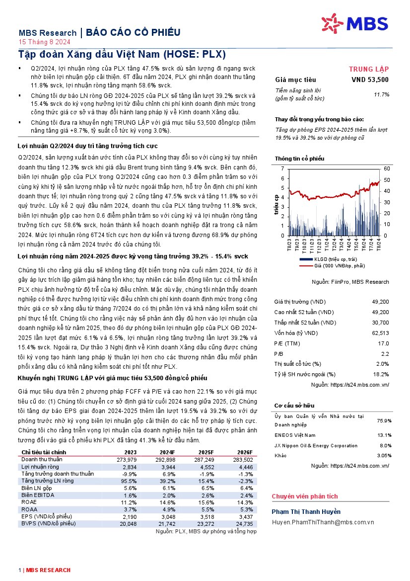 PLX: Khuyến nghị TRUNG LẬP với giá mục tiêu 53,500 đồng/cổ phiếu
