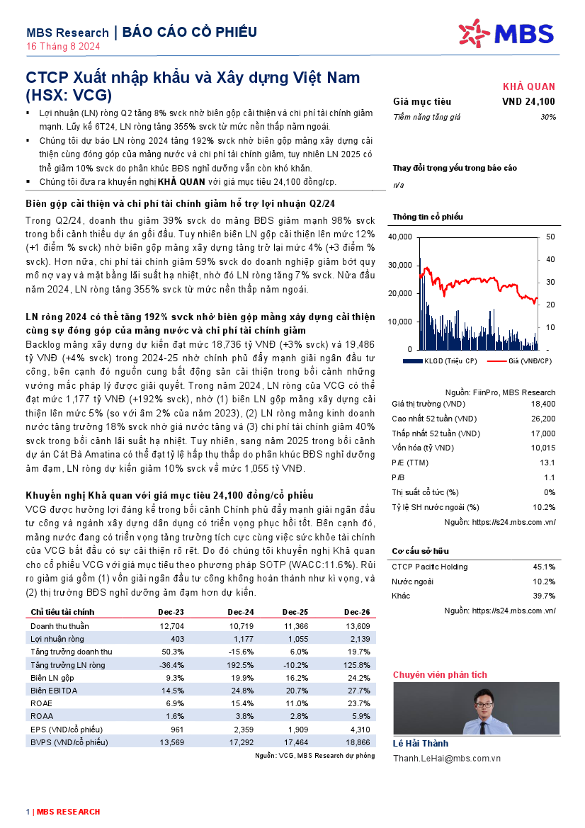 VCG: Khuyến nghị KHẢ QUAN với giá mục tiêu 24,100 đồng/cổ phiếu