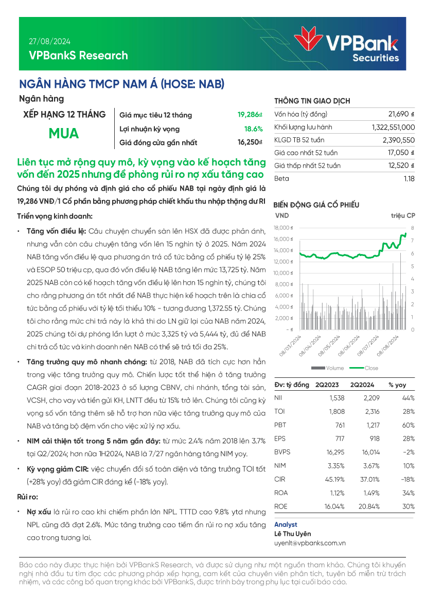 NAB: Khuyến nghị MUA với giá mục tiêu 19,286 đồng/cổ phiếu