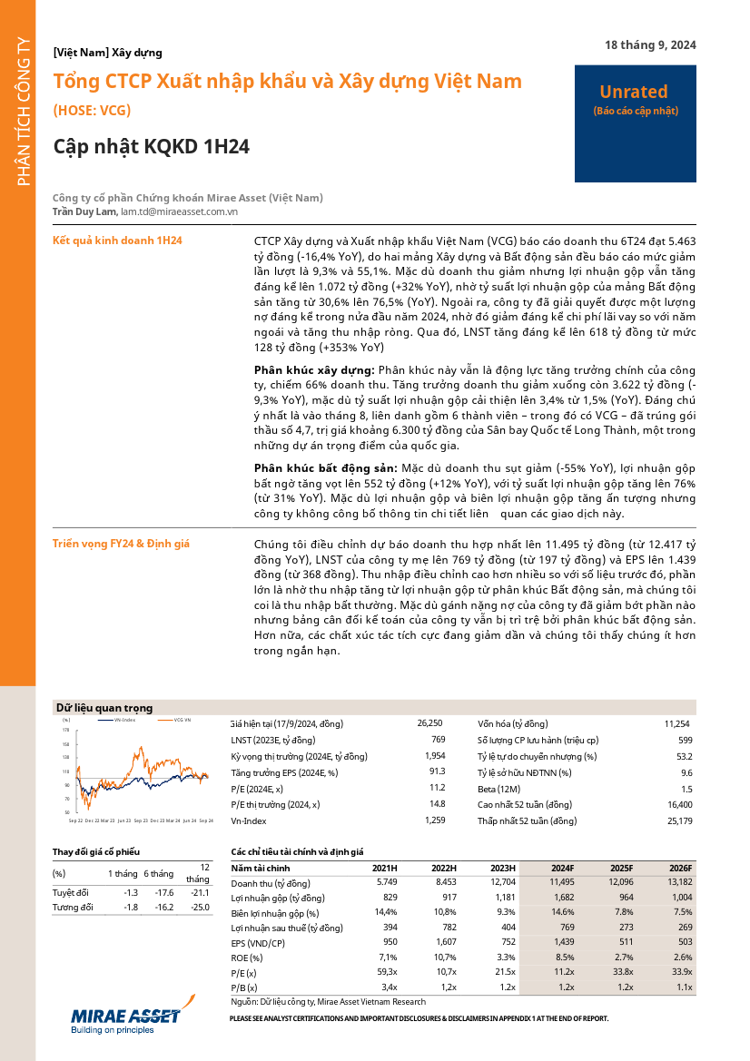 VCG: Cập nhật KQKD 1H24