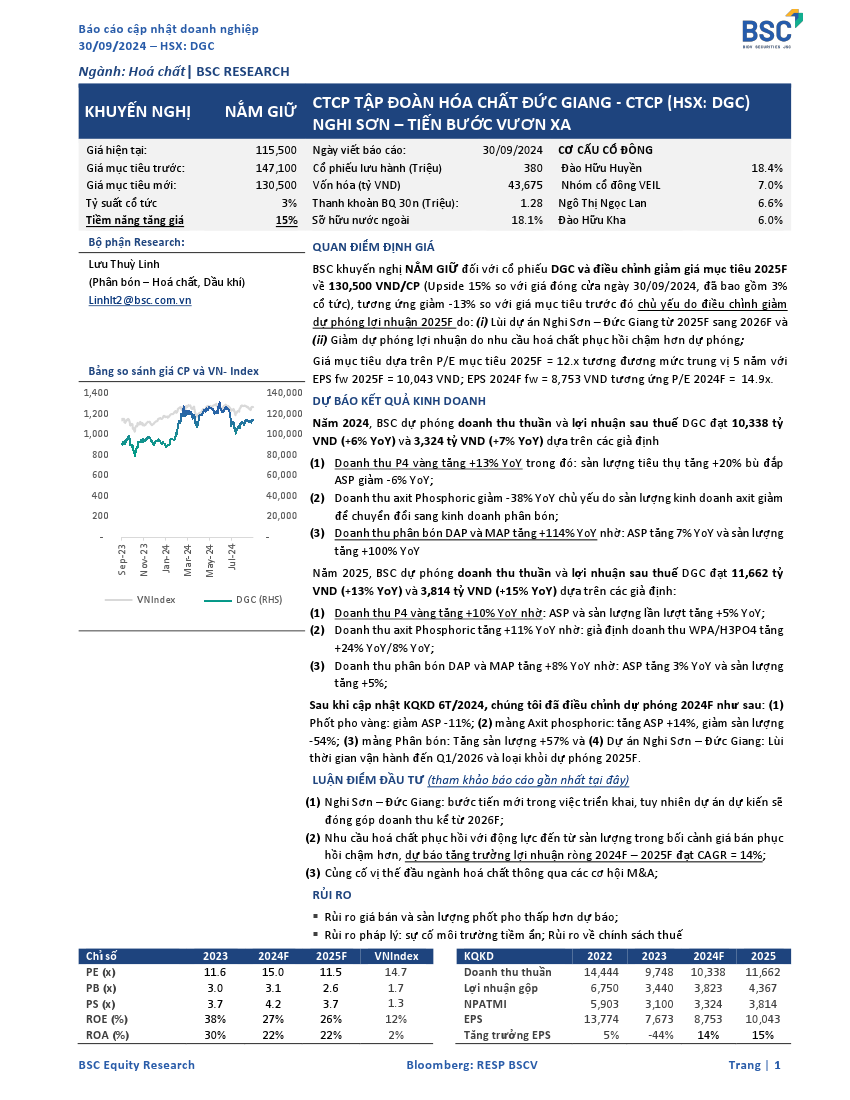 DGC: Khuyến nghị NẮM GIỮ với giá mục tiêu 130,500 đồng/cổ phiếu