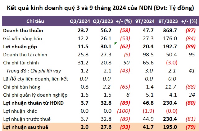 Lợi nhuận 9 tháng NDN rơi gần 80% dù lãi đầu tư chứng khoán gần 100 tỷ