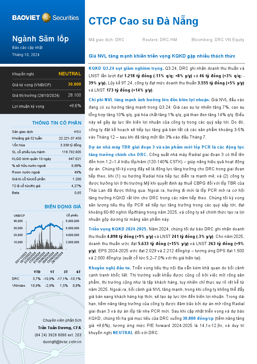 DRC: Khuyến nghị NEUTRAL với giá mục tiêu 30,800 đồng/cổ phiếu
