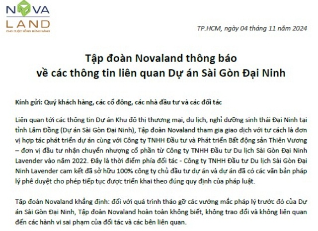 Novaland lên tiếng về mối liên quan với dự án Sài Gòn Đại Ninh của đại gia Nguyễn Cao Trí