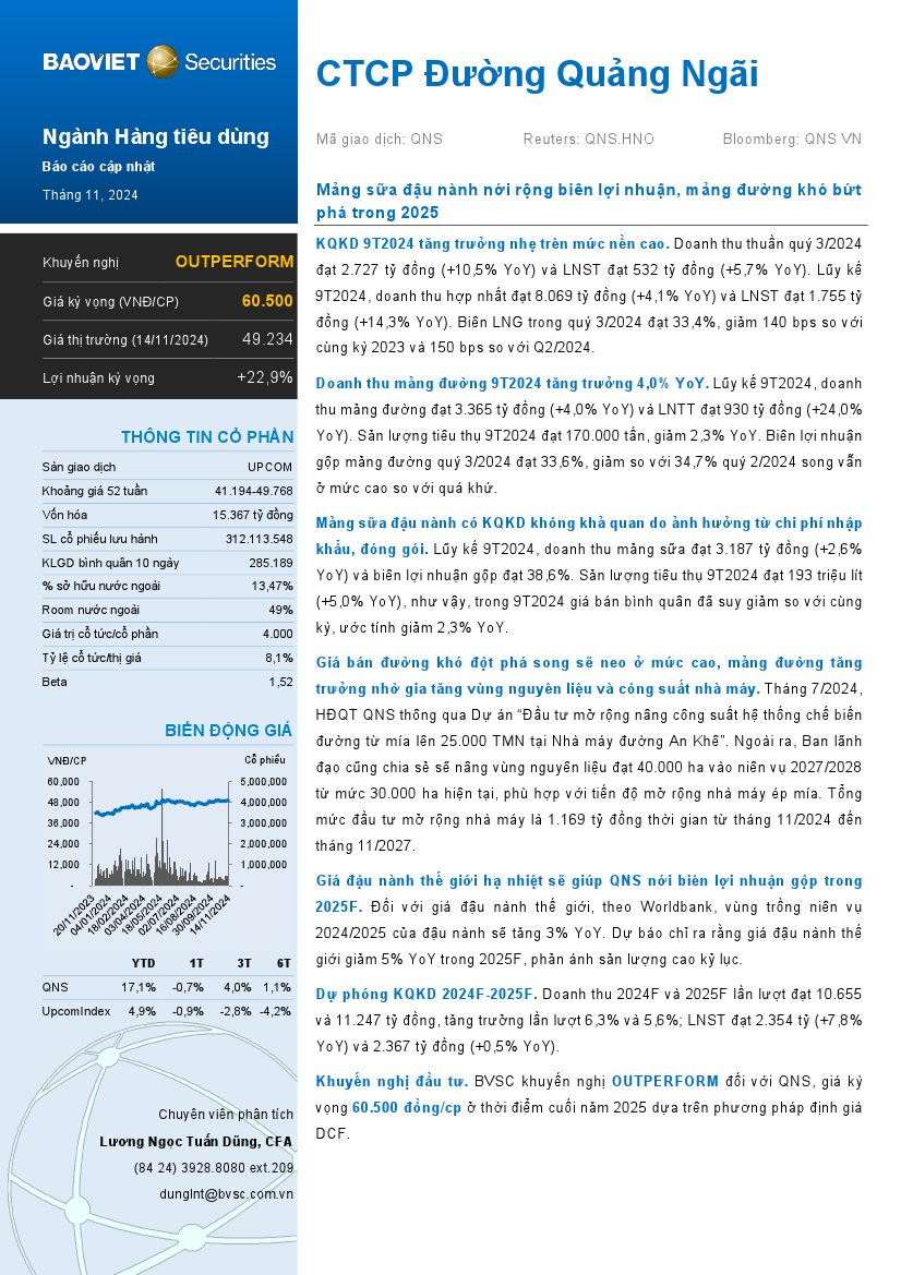 QNS: Khuyến nghị OUTPERFORM với giá mục tiêu 60,500 đồng/cổ phiếu
