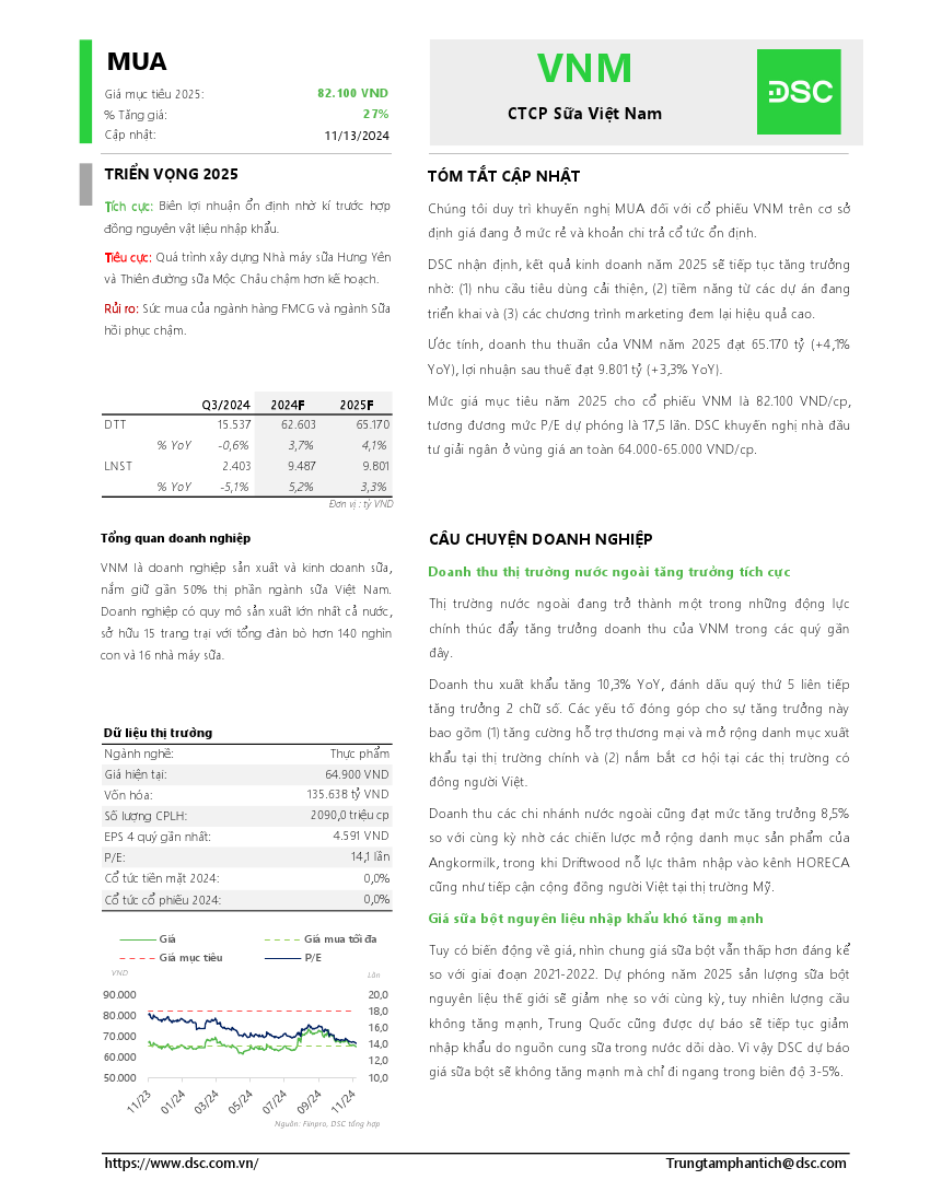 VNM: Khuyến nghị MUA với giá mục tiêu 82,100 đồng/cổ phiếu