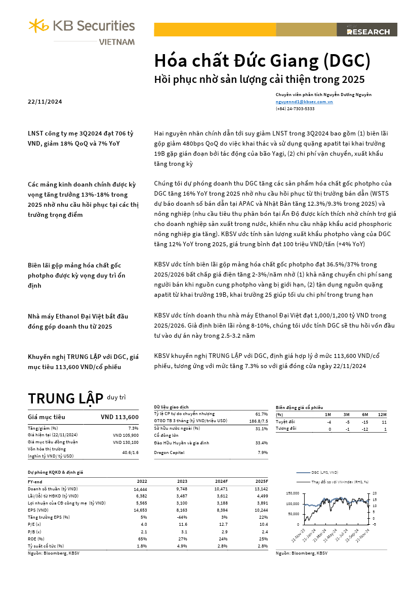 DGC: Khuyến nghị TRUNG LẬP với giá mục tiêu 113,600 đồng/cổ phiếu