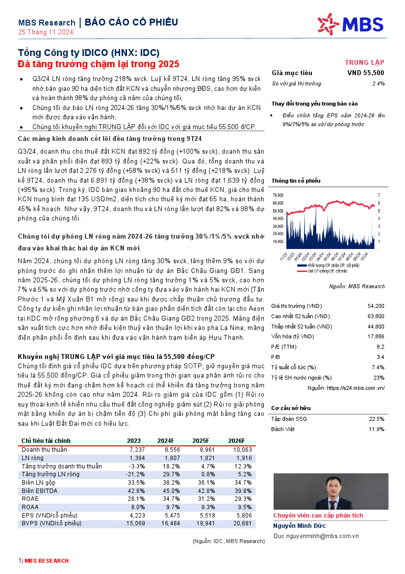 IDC: Khuyến nghị TRUNG LẬP với giá mục tiêu  55,500 đồng/cổ phiếu