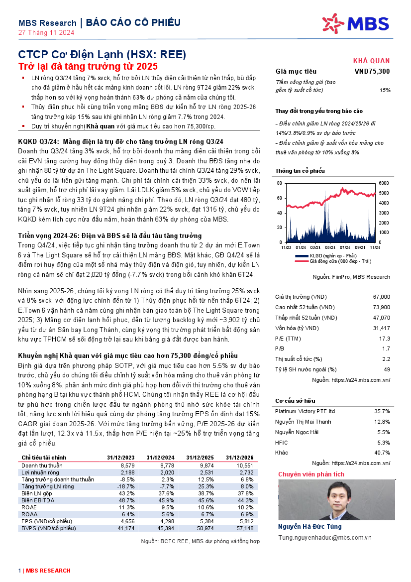 REE: Khuyến nghị KHẢ QUAN với giá mục tiêu 75,300 đồng/cổ phiếu