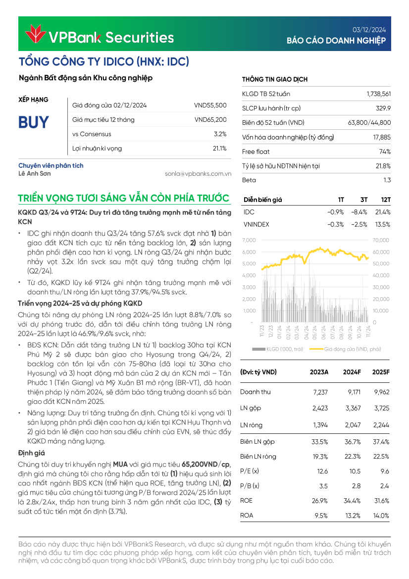IDC: Khuyến nghị MUA với giá mục tiêu 65,200 đồng/cổ phiếu