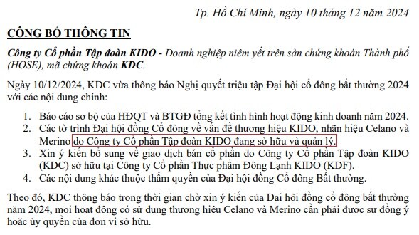 KIDO họp bất thường về vấn đề thương hiệu, tiết lộ vẫn là chủ sở hữu nhãn hiệu Celano và Merino