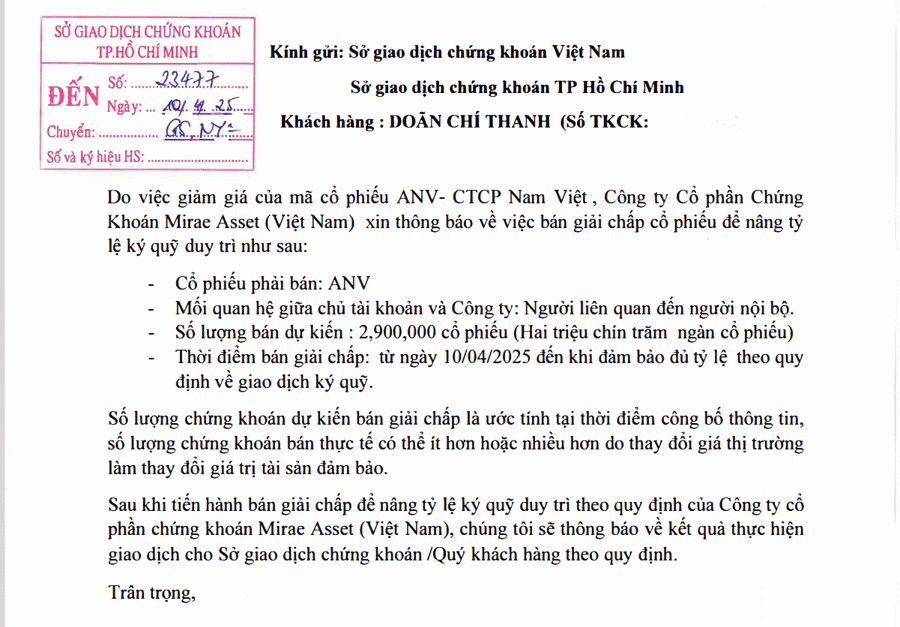 Con trai Tổng giám đốc ANV bị bán giải chấp 2,9 triệu cổ phiếu