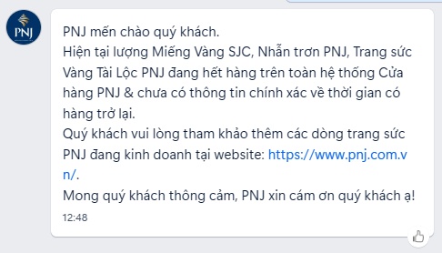 PNJ không còn vàng miếng SJC để bán?