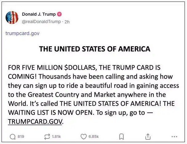 Ông Trump chính thức mở trang web đăng ký Thẻ Vàng nhập cư giá 5 triệu USD