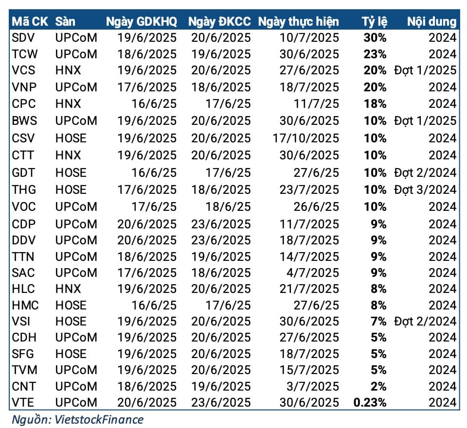 Cổ tức tuần 16-20/06: Cao nhất 30%