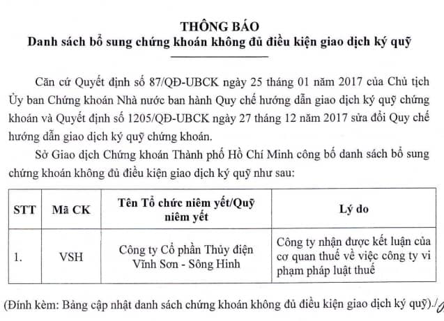 VSH bị HOSE cắt margin sau án phạt thuế