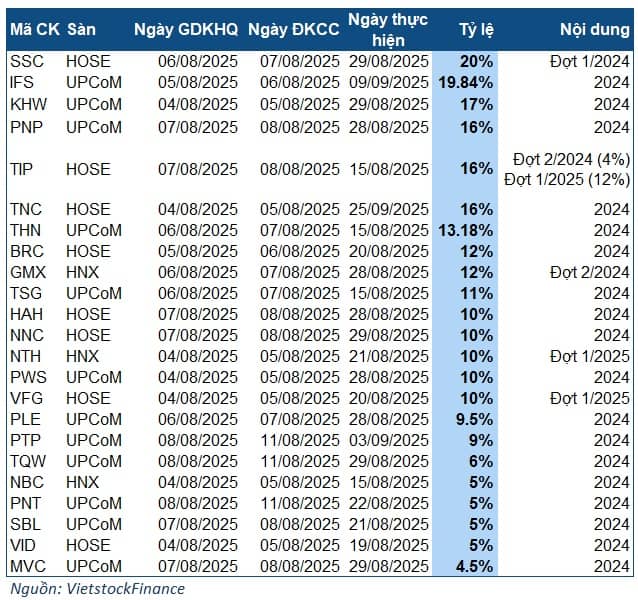 Tuần 04-08/08: Cổ tức cao nhất 20%
