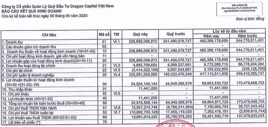Dragon Capital kinh doanh ra sao trong nửa đầu năm 2025?