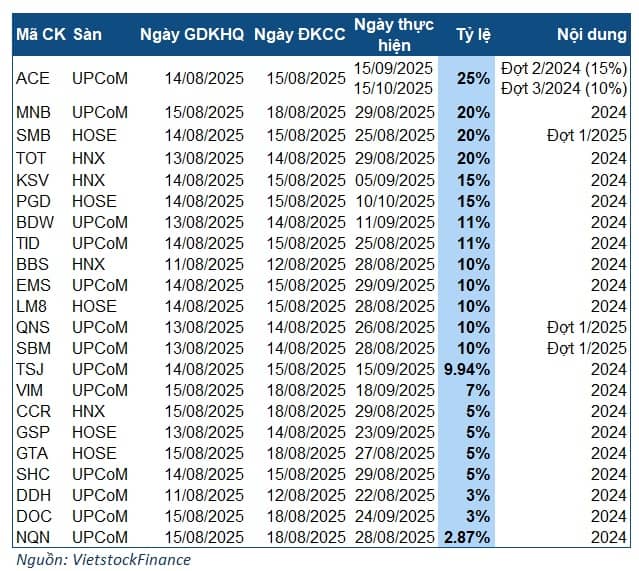 Cổ tức tuần 11-15/08: Cao nhất 25%