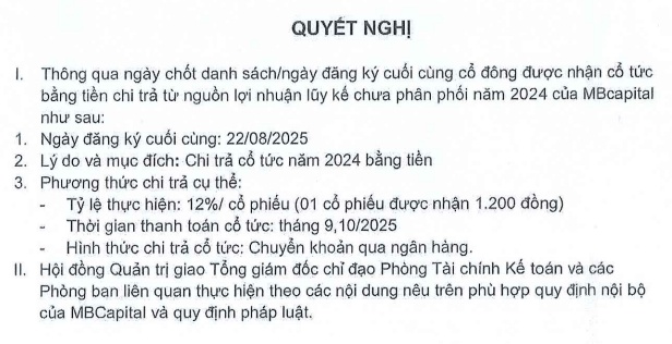 MB Capital chi cổ tức tỷ lệ 12%, MB sẽ nhận gần 40 tỷ đồng