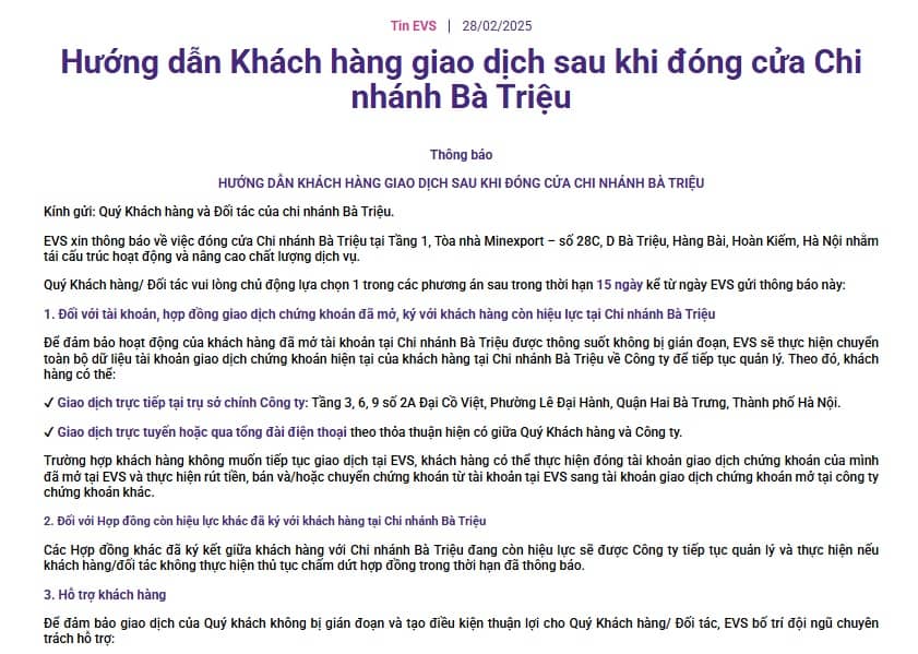 Chứng khoán EVS chấm dứt hoạt động một chi nhánh tại Hà Nội