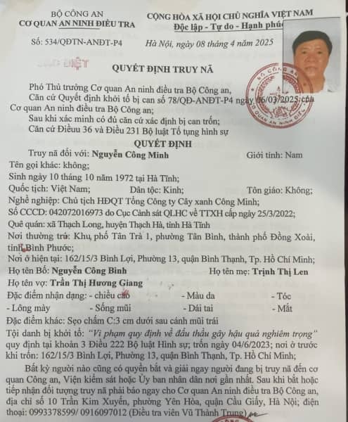 Truy nã đặc biệt Chủ tịch Hội đồng quản trị Tổng Công ty Cây xanh Công Minh