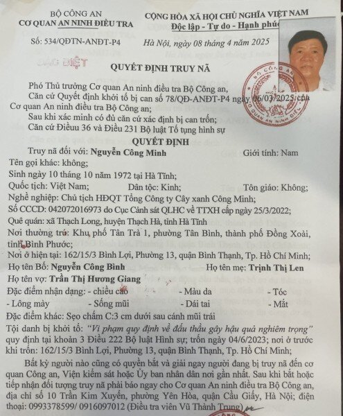 Cơ quan điều tra kêu gọi Chủ tịch Hội đồng quản trị Tổng Công ty Cây xanh Công Minh đầu thú